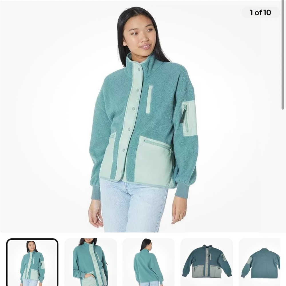 Madewell Large Teal Blue Sherpa Snap Front Zip Jacket Fleece Utility Pkt - Picture 6 of 6